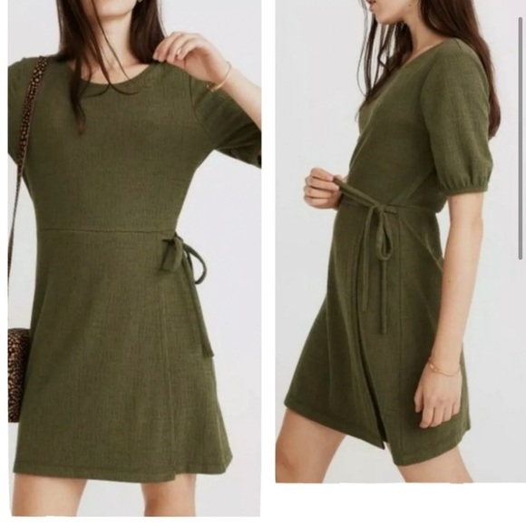 Madewell Palm Tree Crosshatch Puff-Sleeve Faux-Wrap Dress Green - Picture 3 of 9